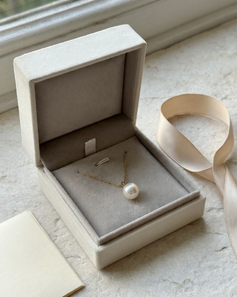 Unbranded ivory jewelry box with a pearl pendant and champagne ribbon; packaging concept photograph