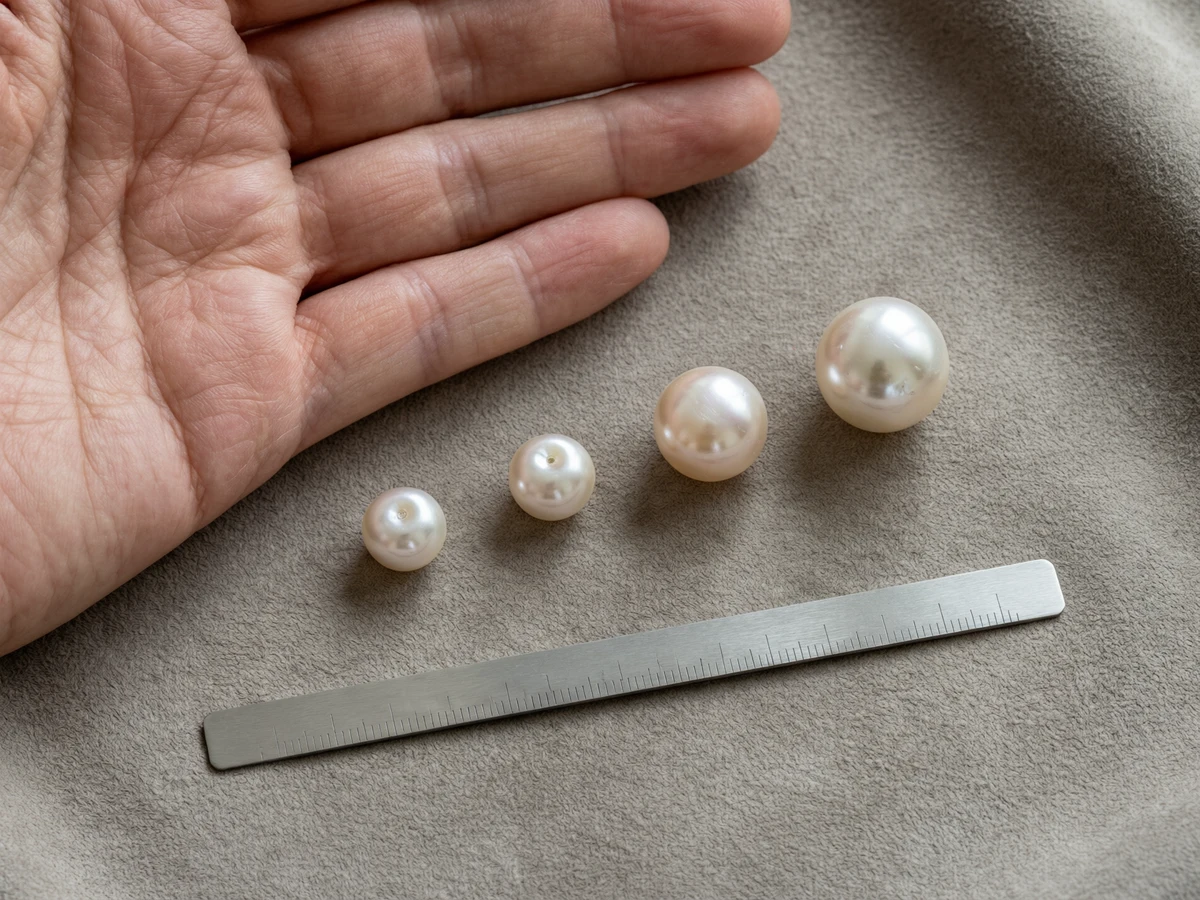 Four loose pearls shown from smaller to larger beside a hand and millimeter gauge; visual size reference