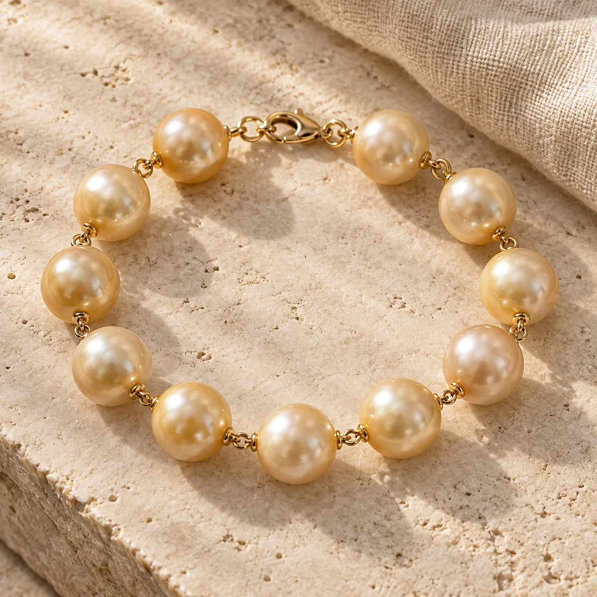 Standard-length warm cream and golden South Sea-style pearl bracelet on ivory stone; concept photograph