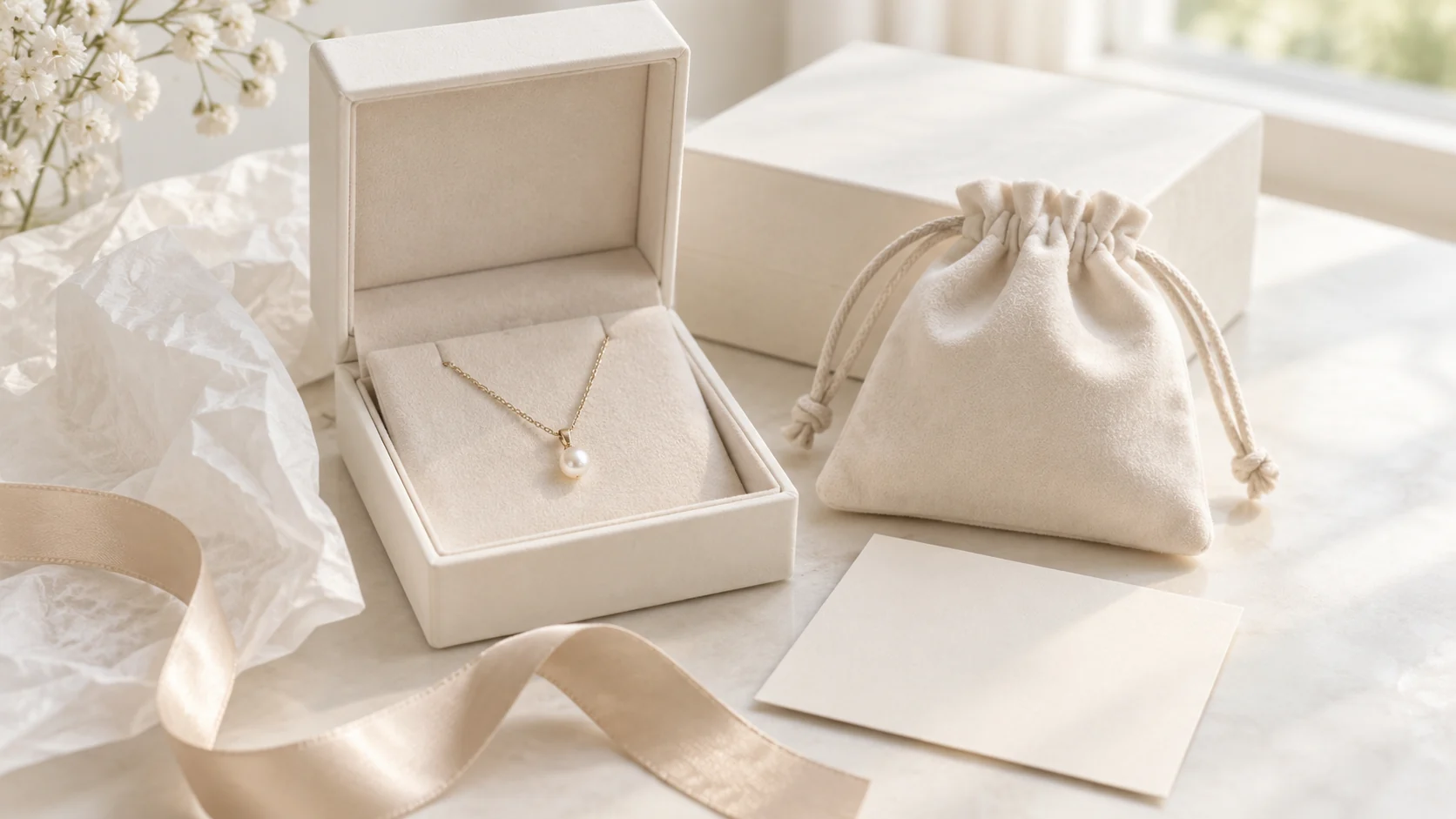 Concept image of an unbranded ivory pearl jewelry gift box, pouch, tissue, and blank care card