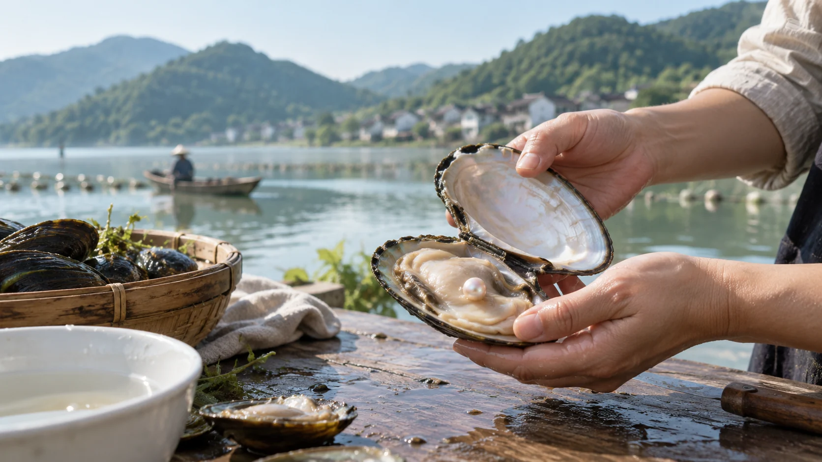 Concept image of hands opening a freshwater pearl mussel beside a calm lakeside landscape