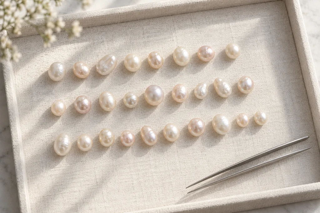 Ivory and blush pearls of different shapes arranged on a linen tray for an illustrative comparison