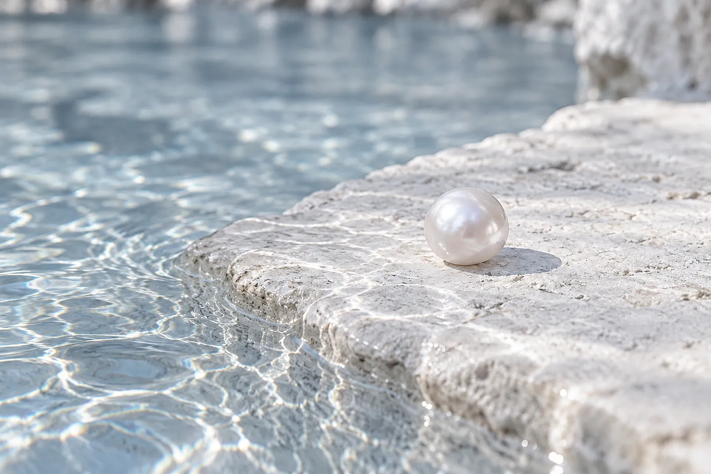 A luminous, softly irregular pearl beside clear water and pale stone