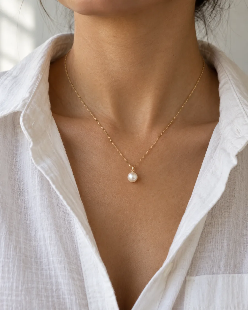 An illustrative everyday look with a small pearl pendant, fine gold-colored chain and white shirt