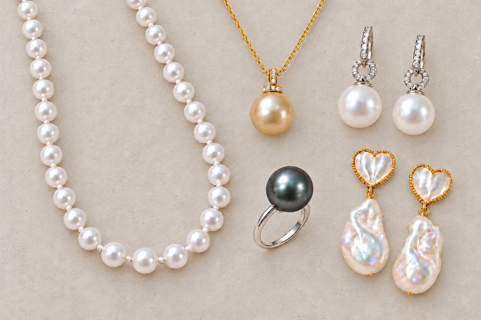 White pearl necklace, golden pearl pendant, white pearl earrings, black pearl ring and baroque pearl earrings on pale warm-grey stone