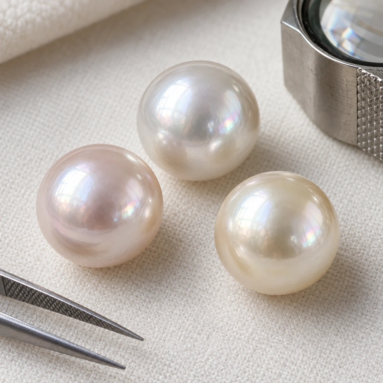Three high-luster freshwater pearls showing silver, rose and cream overtones