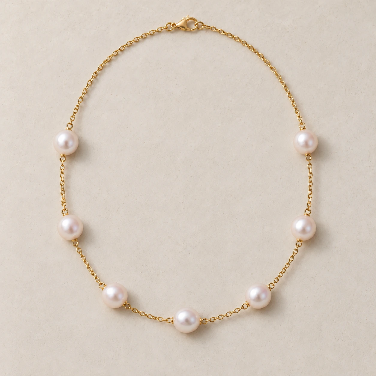 Round white Edison-style freshwater pearl station necklace on pale warm-grey stone; concept photograph