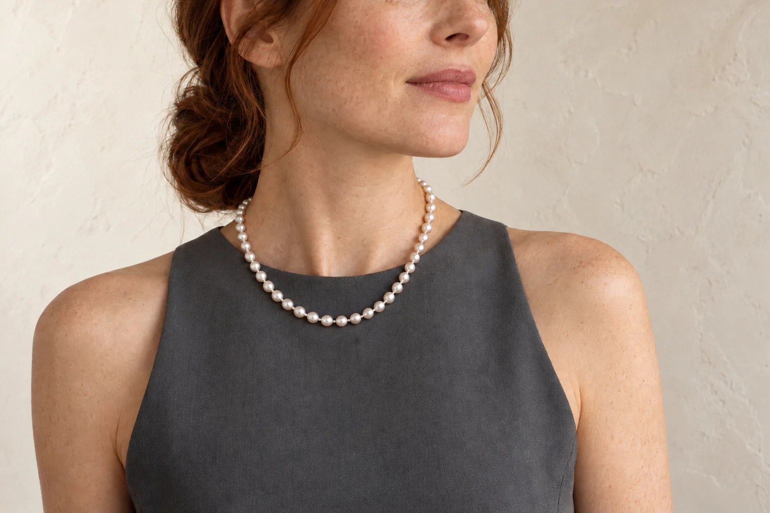 Freckled woman in a charcoal dress wearing a white pearl strand; concept photograph