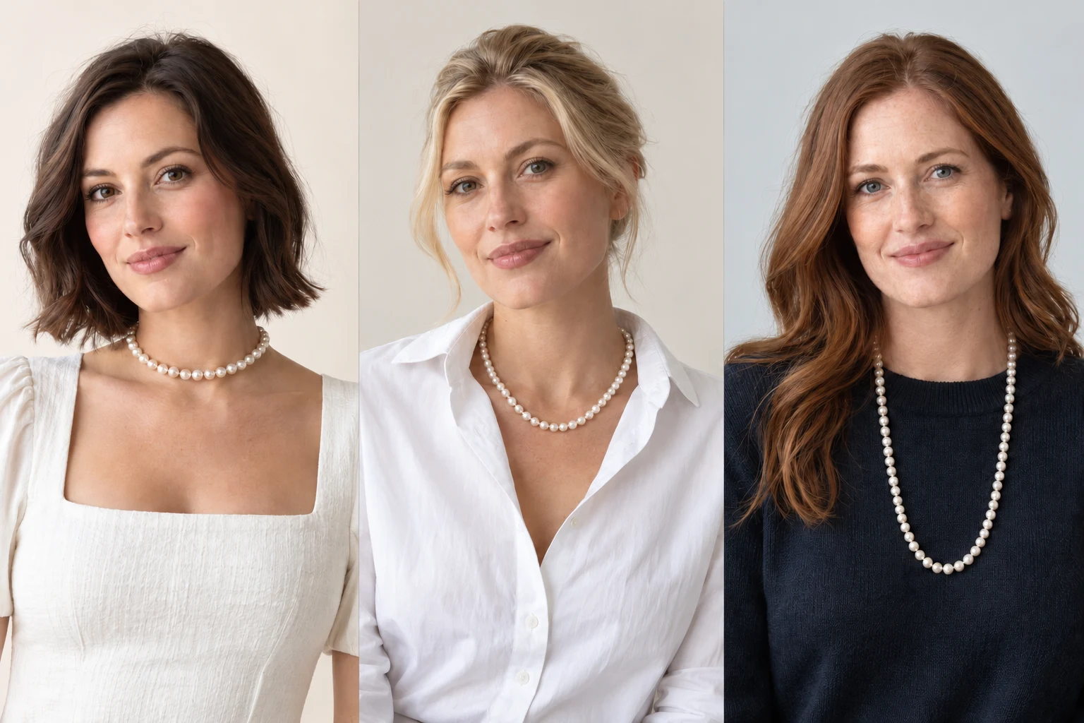 Three women showing short, collarbone and longer pearl necklaces against softly divided neutral backgrounds