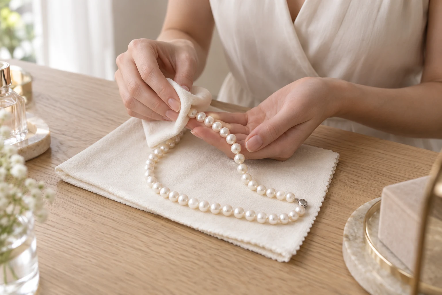 Woman gently wiping a white pearl necklace with a soft clean cloth