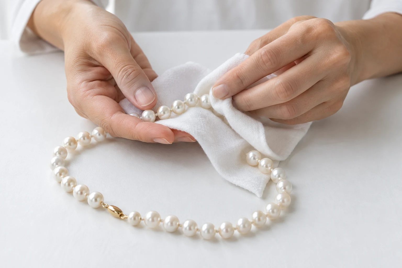 Hands supporting a pearl strand while gently wiping it with a soft white cloth