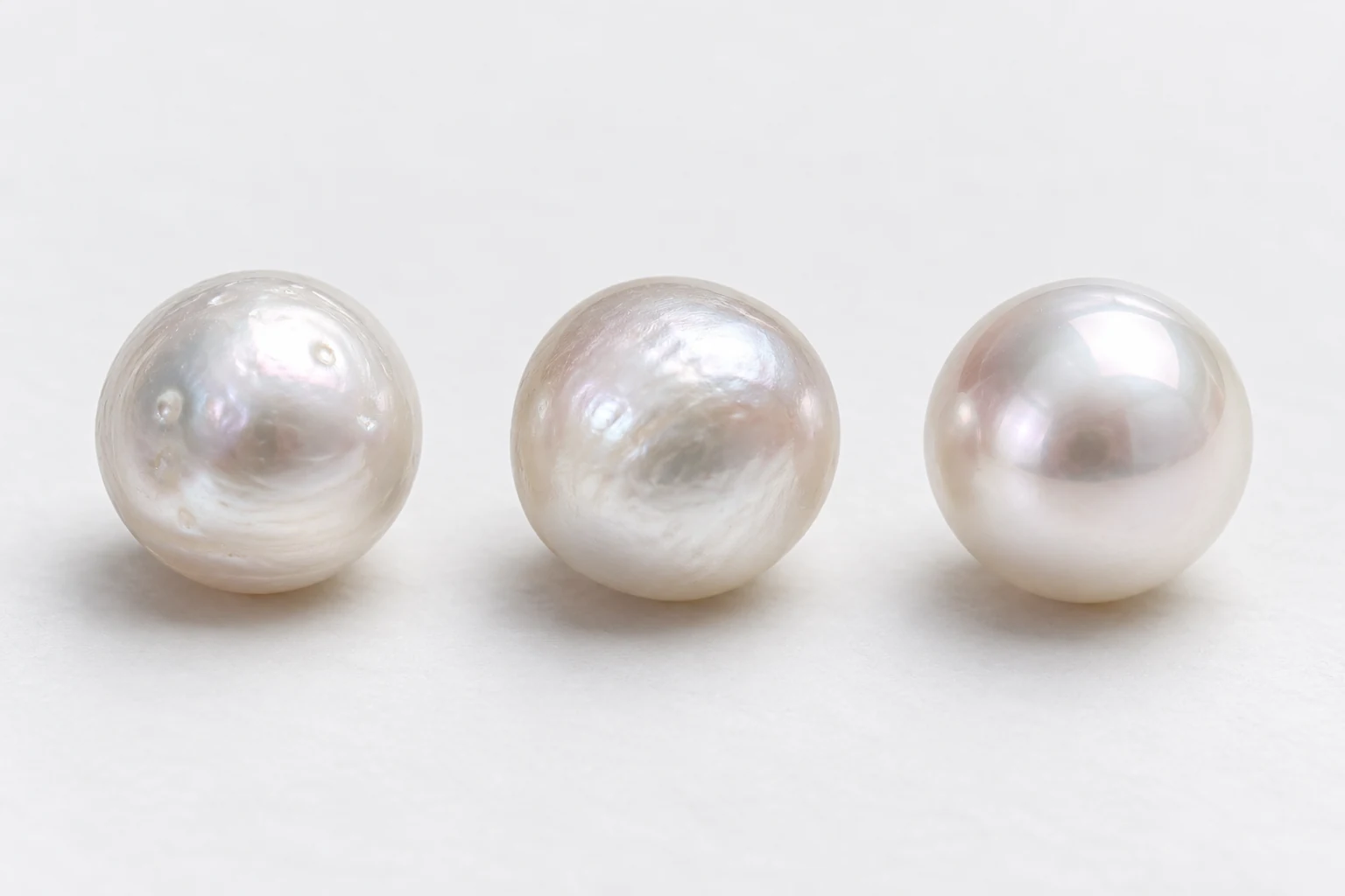 Three white pearls showing surface dimples, an uneven shape and a smoother surface