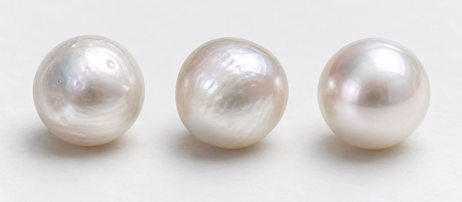 Three white pearls showing a subtle surface dimple, an uneven shape, and a smoother surface